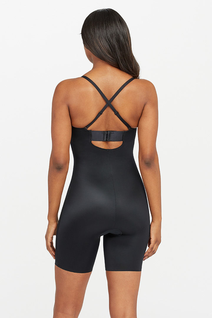 صورة Strapless Cuped Mid Thigh Bodysuit-Black