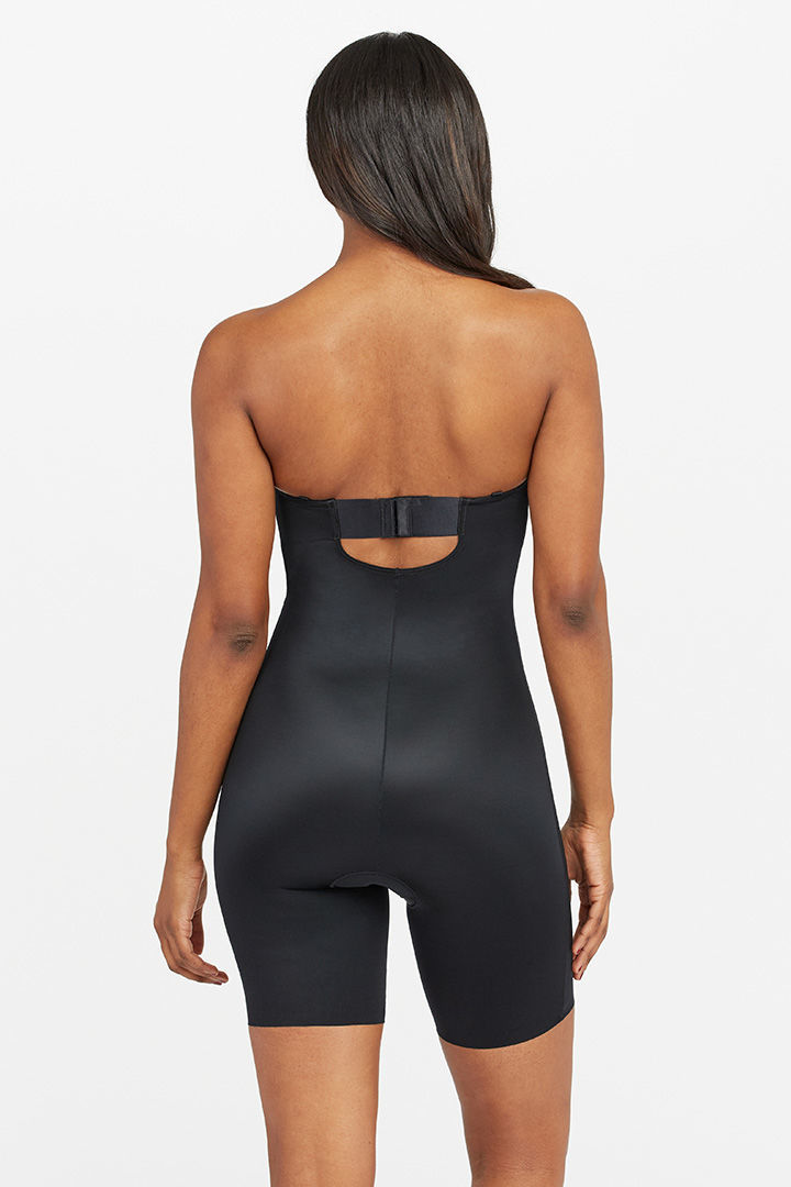 صورة Strapless Cuped Mid Thigh Bodysuit-Black