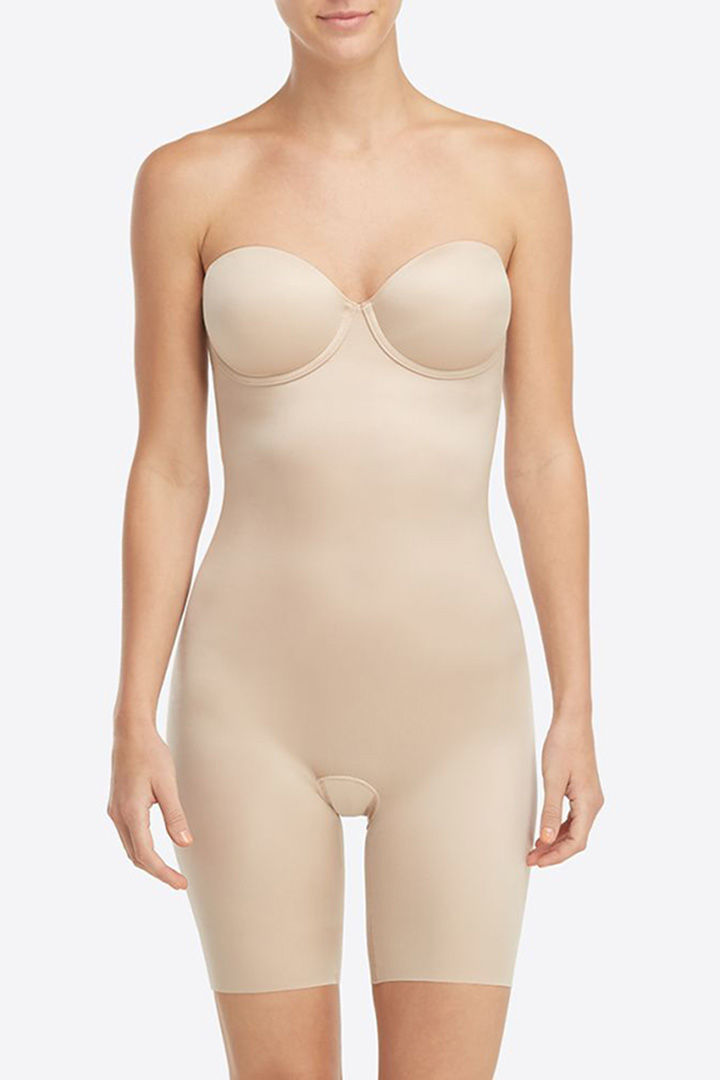 صورة Strapless Cuped Mid Thigh Bodysuit-Nude