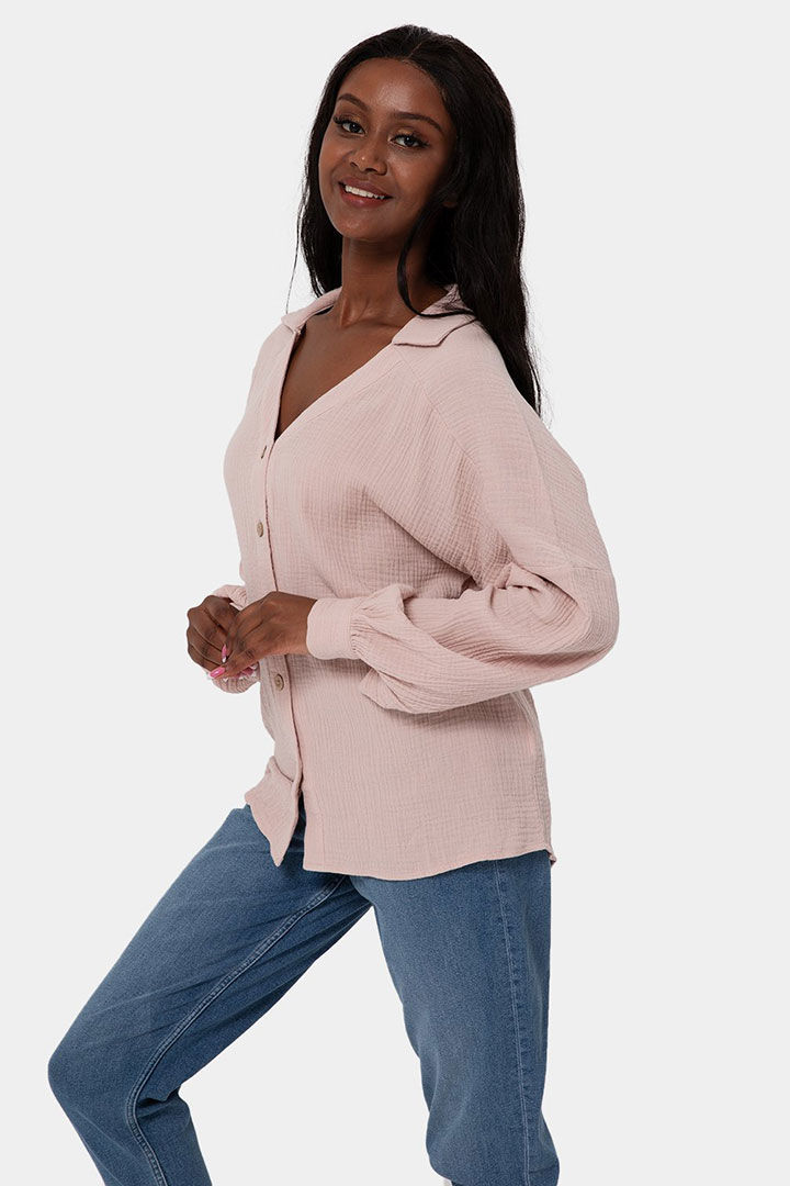 صورة V-Neck Bishop Sleeve Front Button Shirt - Tea Pink