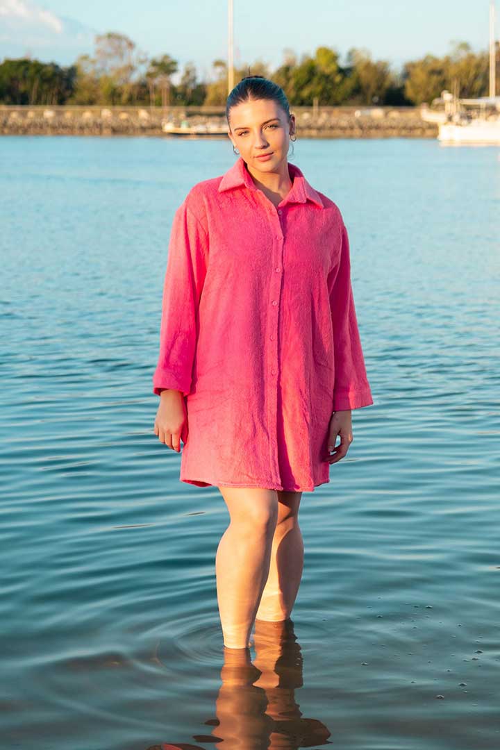 صورة Towel Shirt Dress-Pink