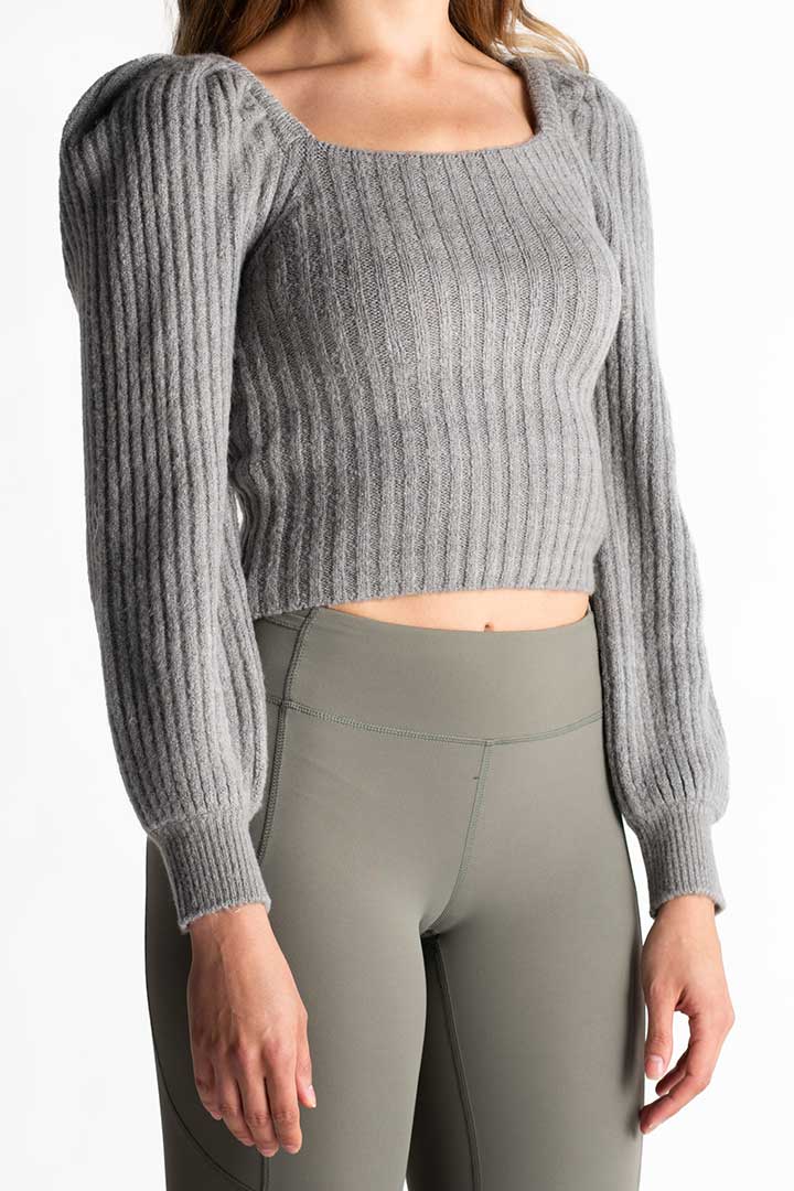Picture of Eva Puff Sleeve Ribbed Knit Top-Grey