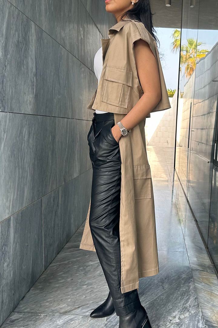 Picture of Cargo Sleeveless Trench Coat-Tanned Khaki