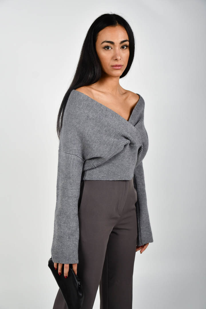 صورة V Neck Knitted Sweater-Grey
