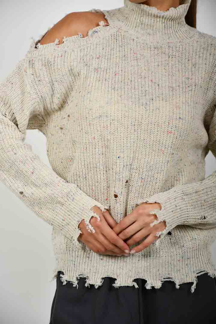 صورة Mock Neck Cold Shoulder Sweater - Pale Birch