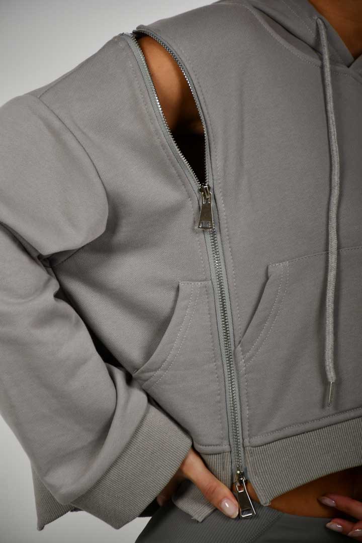 صورة Drawstring Zipper Contrast Pocket Hoodie - Aloof Grey