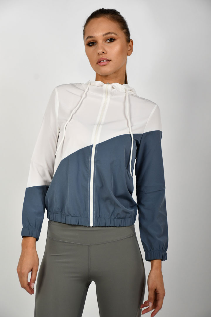 صورة Hooded Drawstring Color Block Zipper Sports Jacket - Carolina Blue