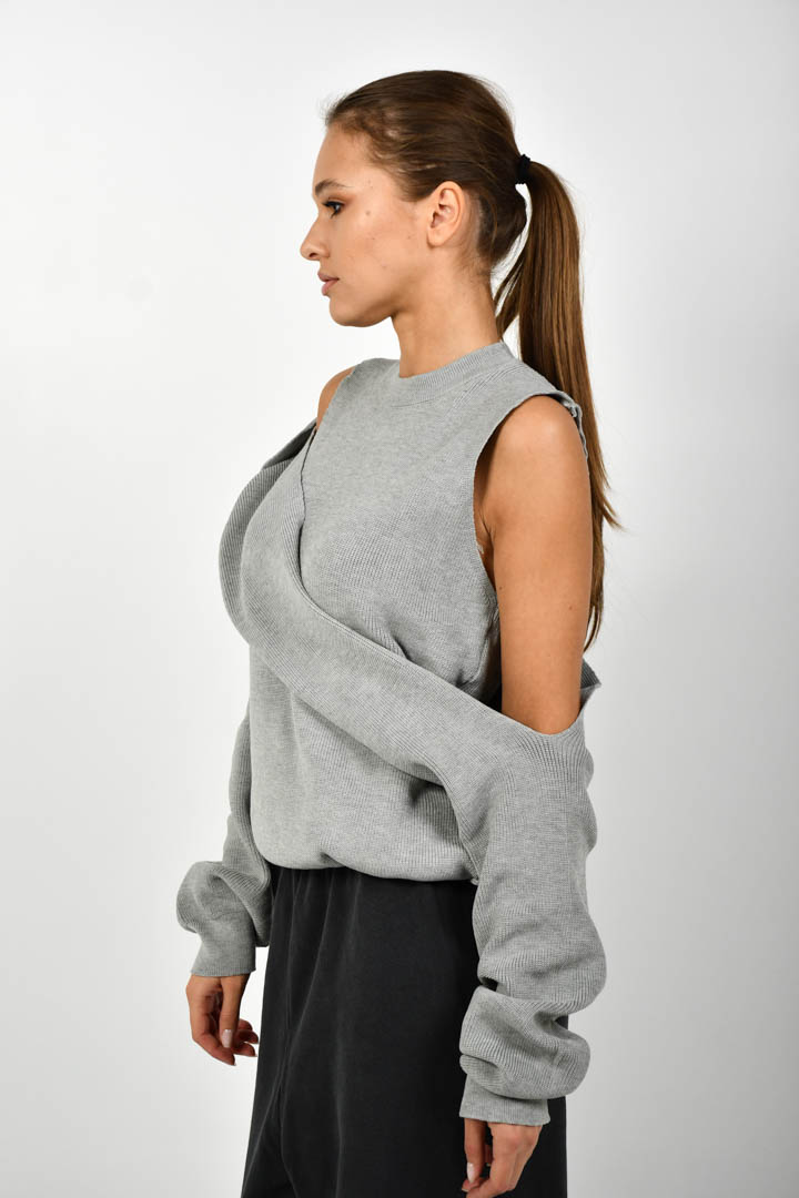 صورة Cold Shoulder Knitted Sweater-Grey