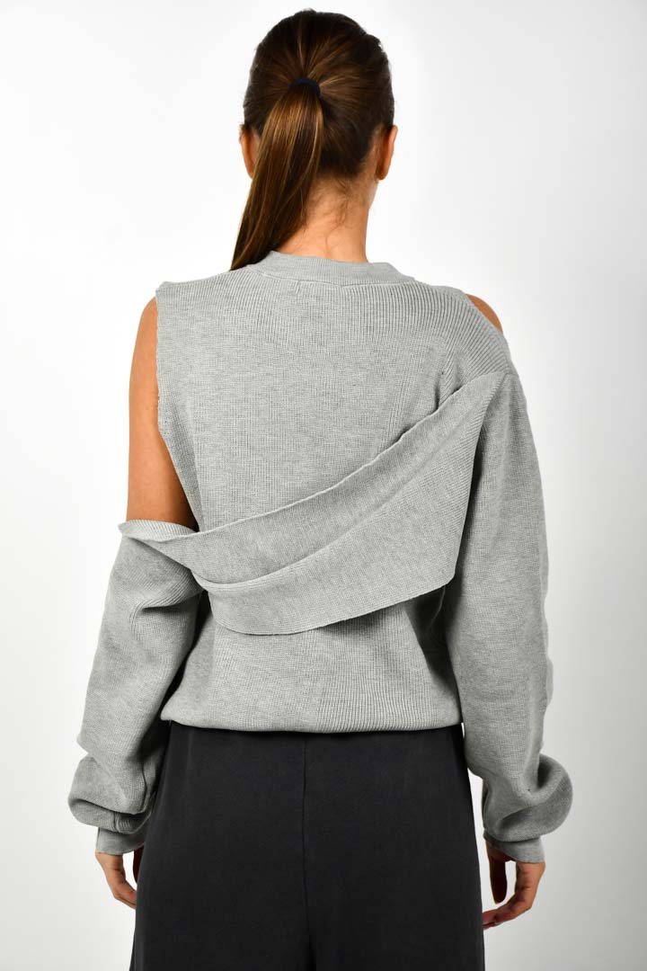 صورة Cold Shoulder Knitted Sweater-Grey