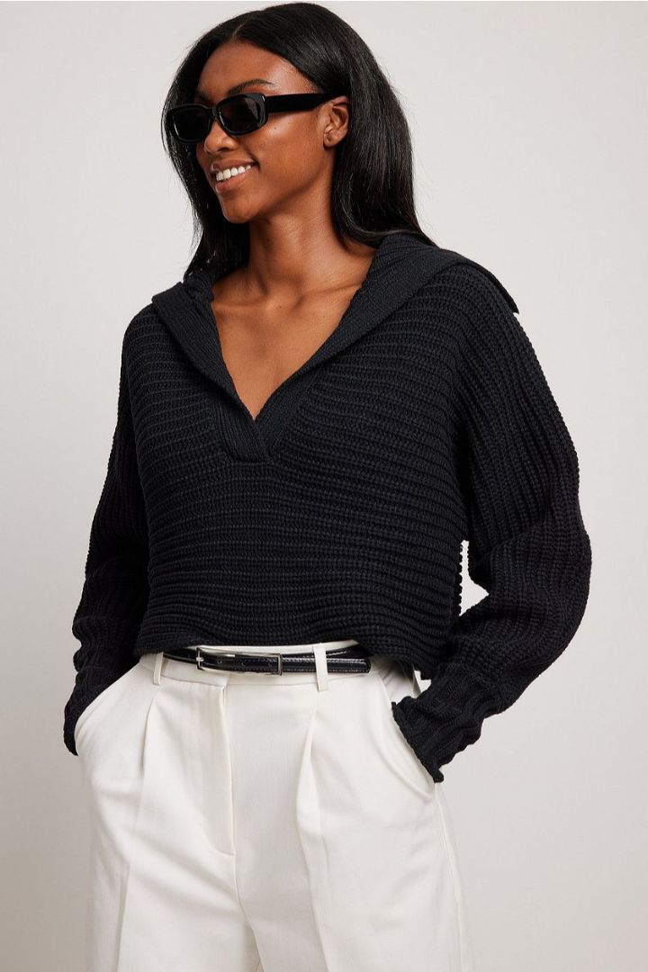 Picture of Big Collar Chunky Knitted Sweater-Black