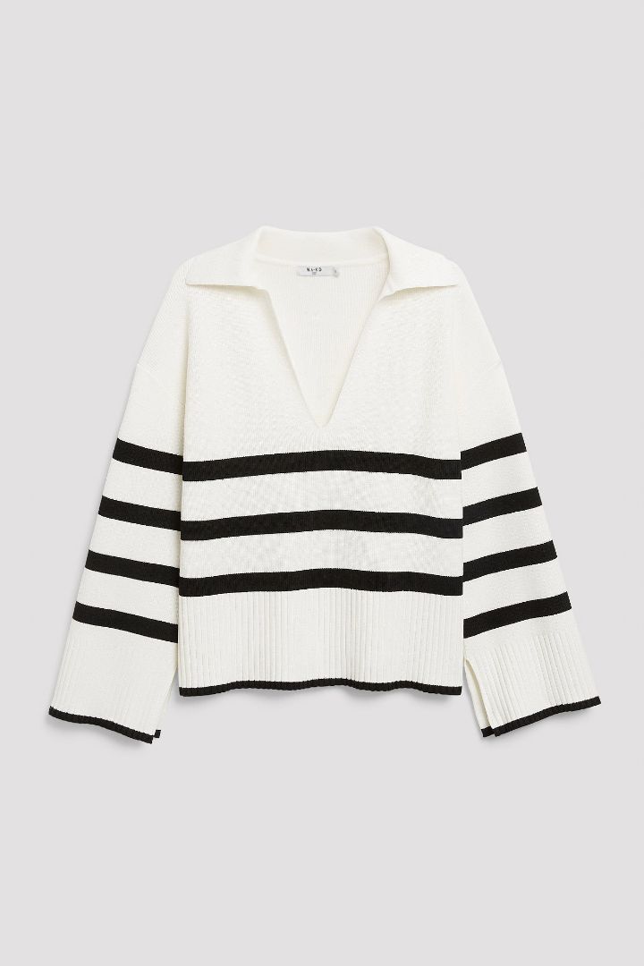 صورة Collar Detail Striped Sweater-Creme