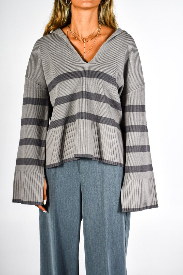 صورة Collar Detail Striped Sweater-Grey