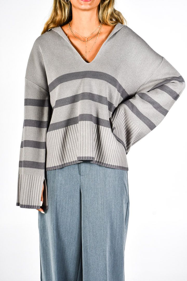 صورة Collar Detail Striped Sweater-Grey