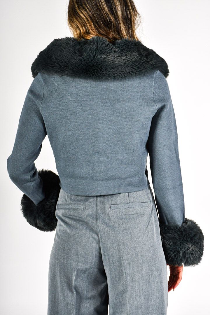 Picture of Faux Fur Details Cardigan-Blue