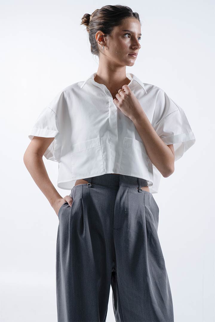 صورة Cropped Short Sleeve Shirt-White