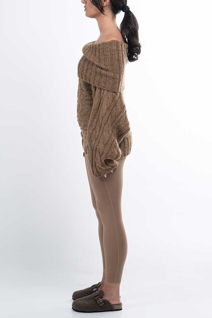 صورة Off Shoulder Knitted Pullover-Brown