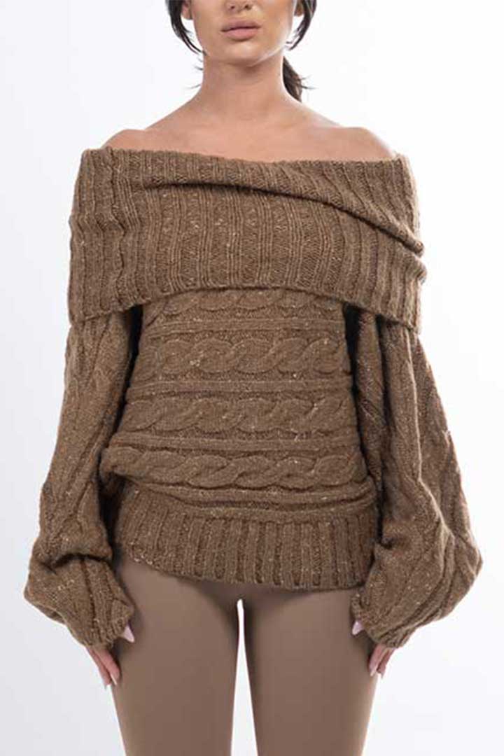 صورة Off Shoulder Knitted Pullover-Brown