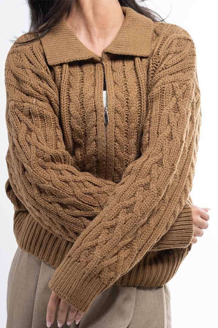 صورة Knitted Zip up Jacket-Brown